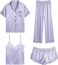 SWOMOG Womens Silk Satin Pajamas Sets 4pcs - Soft Satin Sleepwear Set