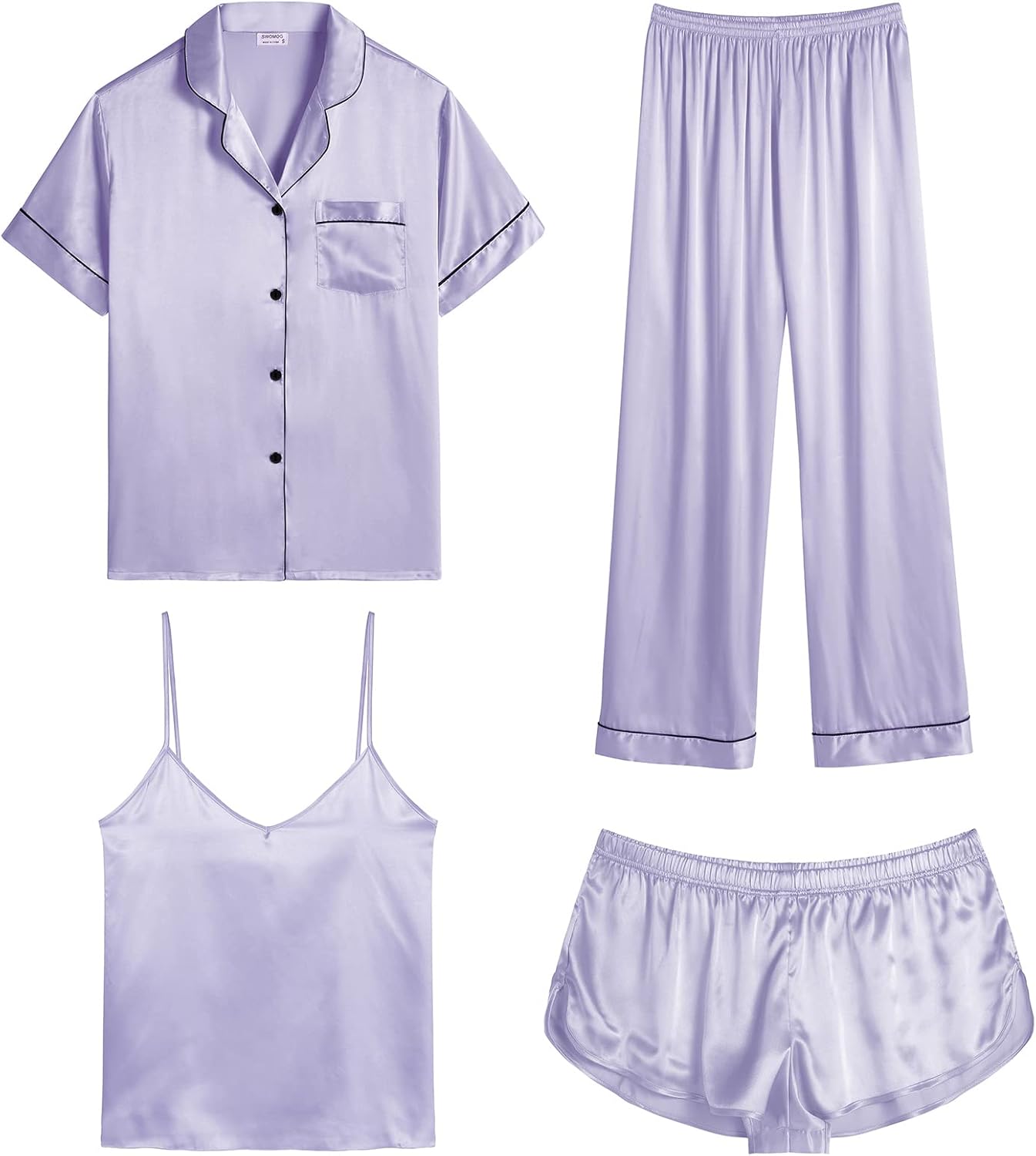 Luxurious SWOMOG Womens Silk Satin Pajamas 4pcs Sleepwear Set