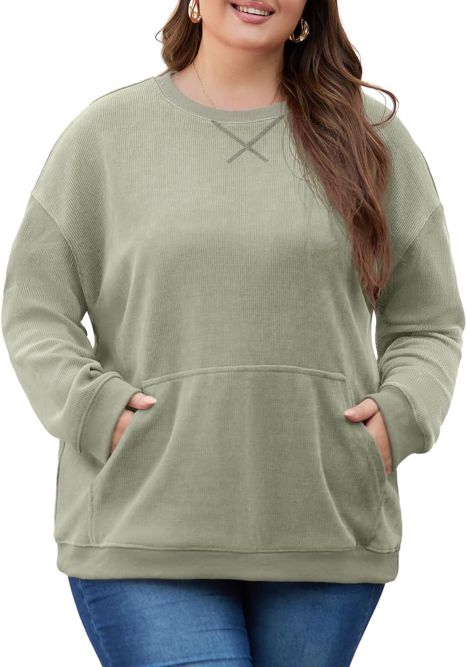 OLRIK Women Plus Size Oversized Corduroy Sweatshirt with Pocket