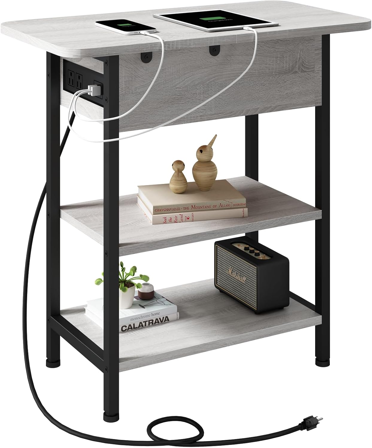 LIDYUK End Table with Charging Station and Storage Shelf