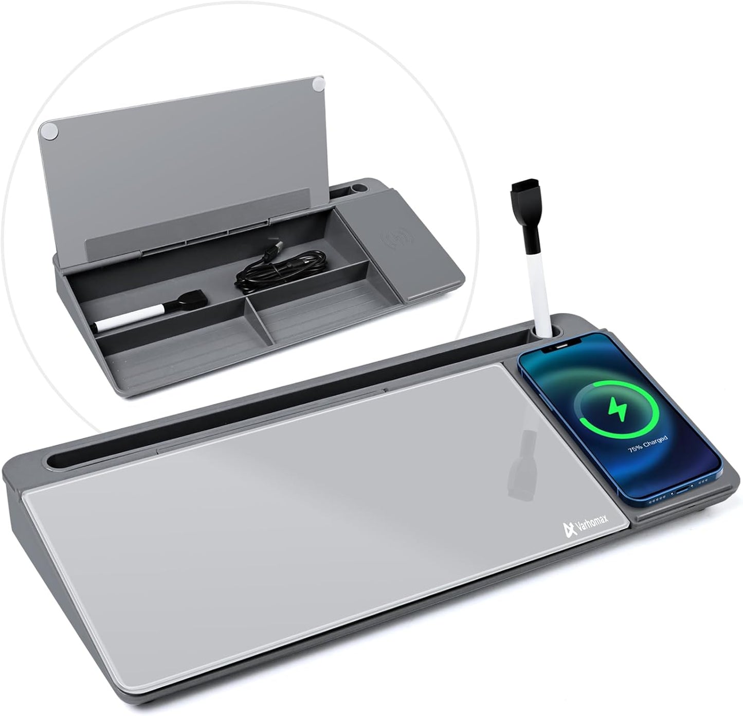 Varhomax Glass Desk Whiteboard with Wireless Charger for Office