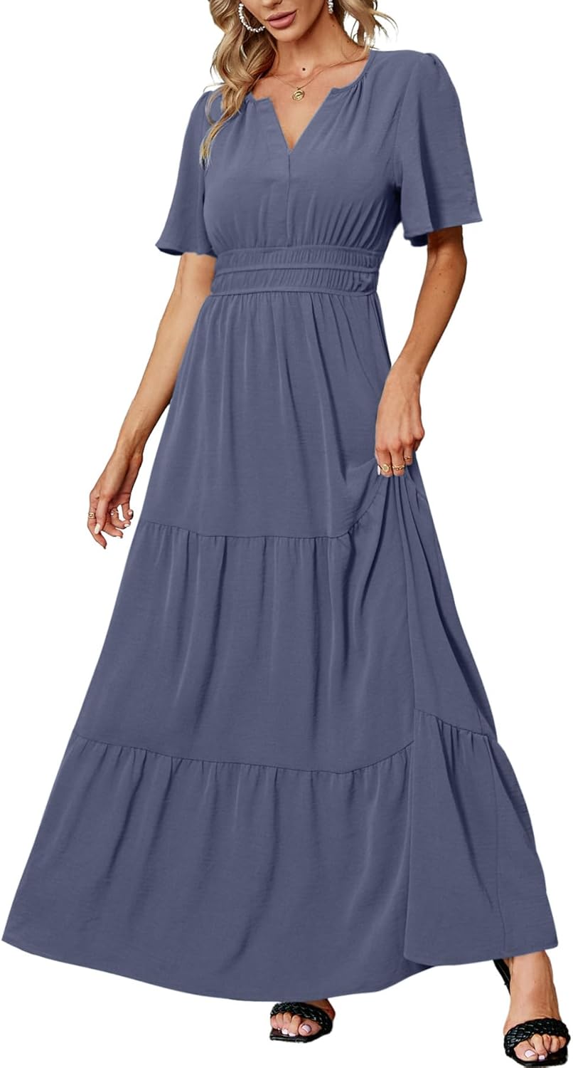 Amegoya Women's Velvet Short Sleeve V Neck Maxi Dress for Weddings