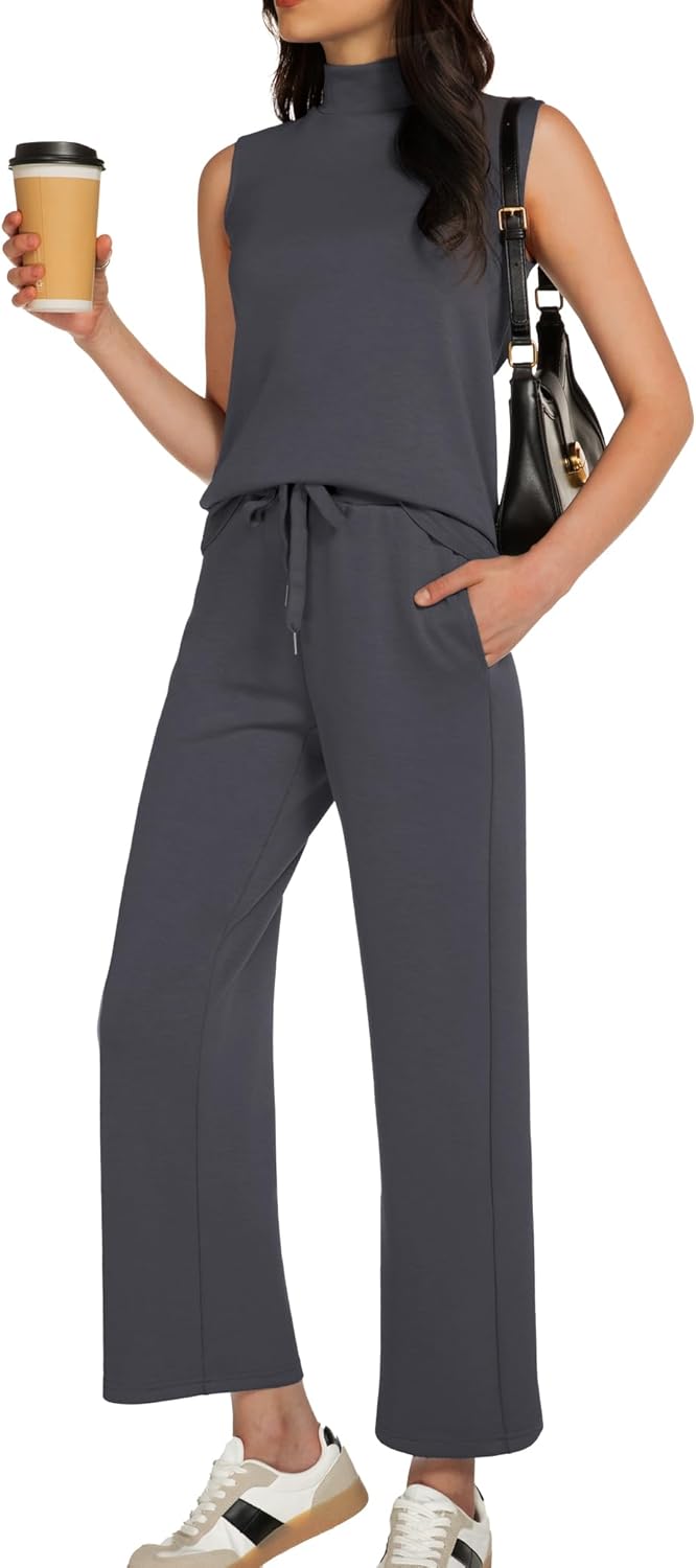Women's Summer 2 Piece Outfits Mock Neck Tank Top Lounge Set
