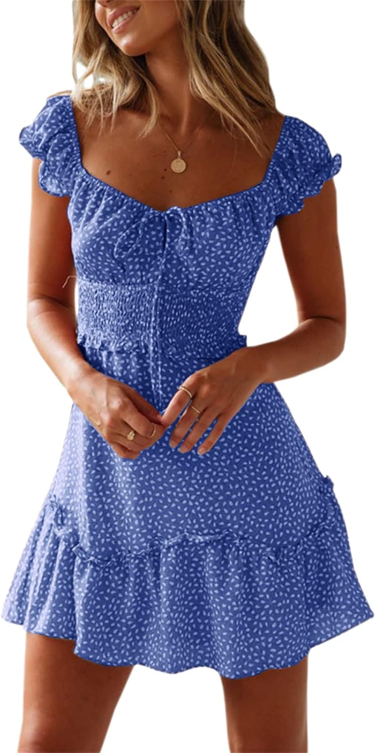 Valphsio Womens Smocked Dress Ruffle Floral Tie Front Boho