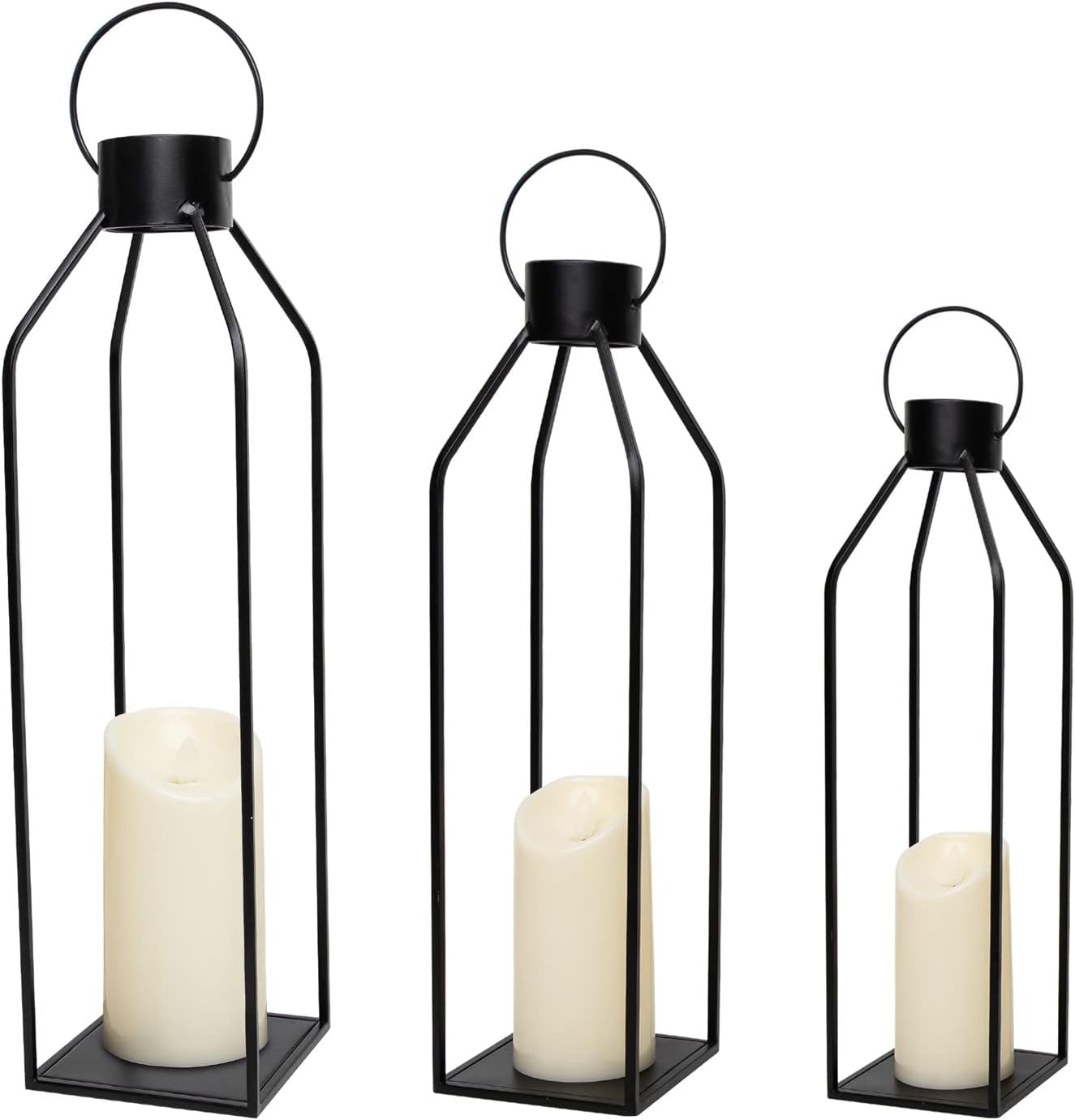 Elegant Black Metal Candle Lanterns Set with Timer Function