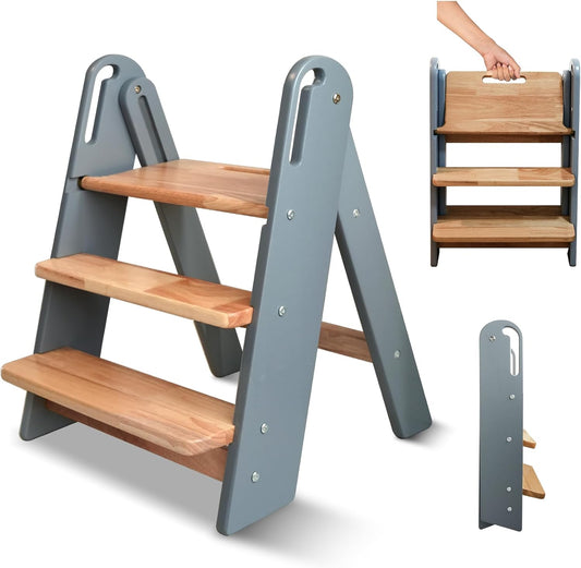 Step Stool for Toddler, 3-Step Wooden Ladder for Kids Use