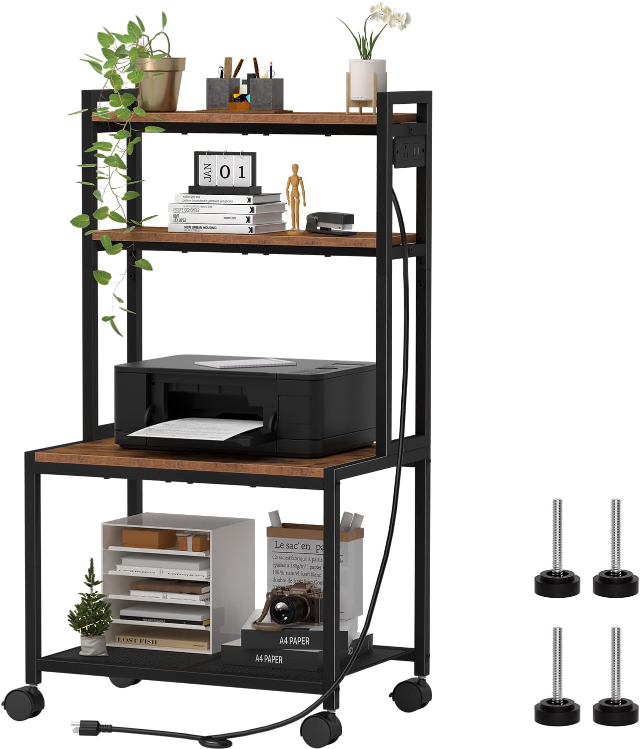 Large Printer Stand with Storage and Wheels for Home Office