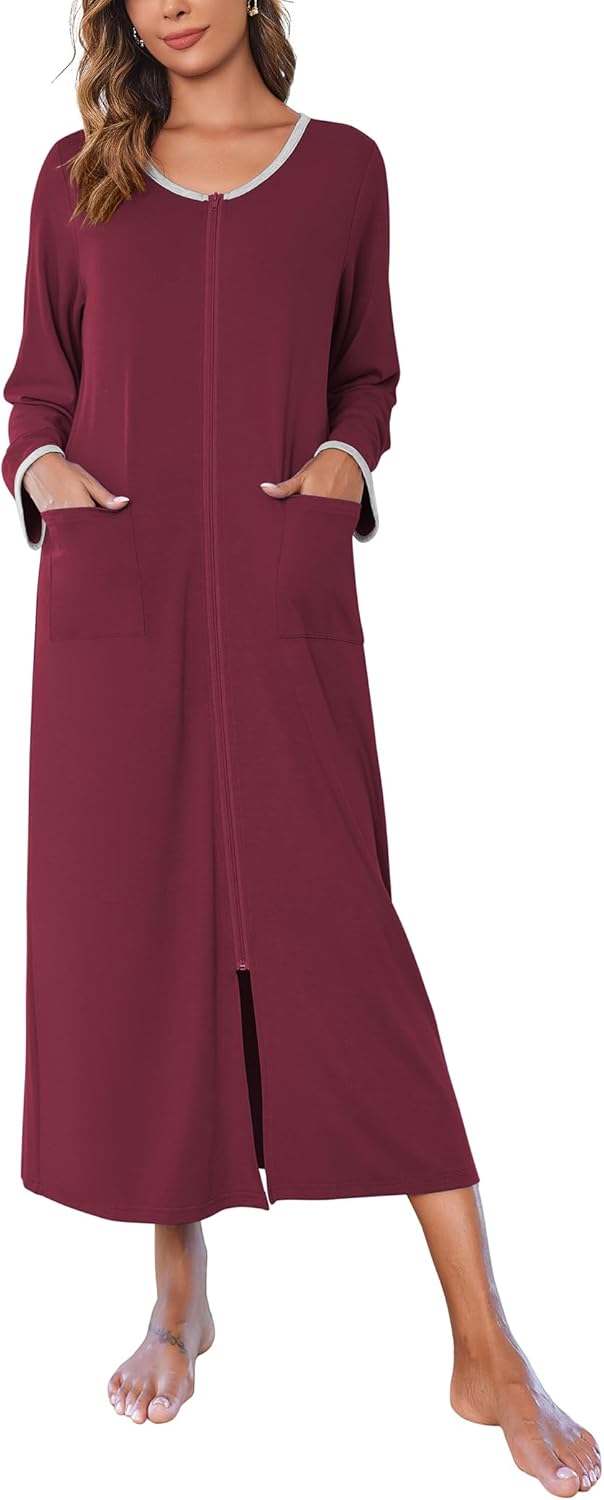Ekouaer Women Long House Coat Zipper Front Robes with Pockets