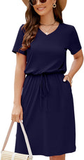Women Summer Casual Midi Dress V Neck Drawstring - Versatile Knee