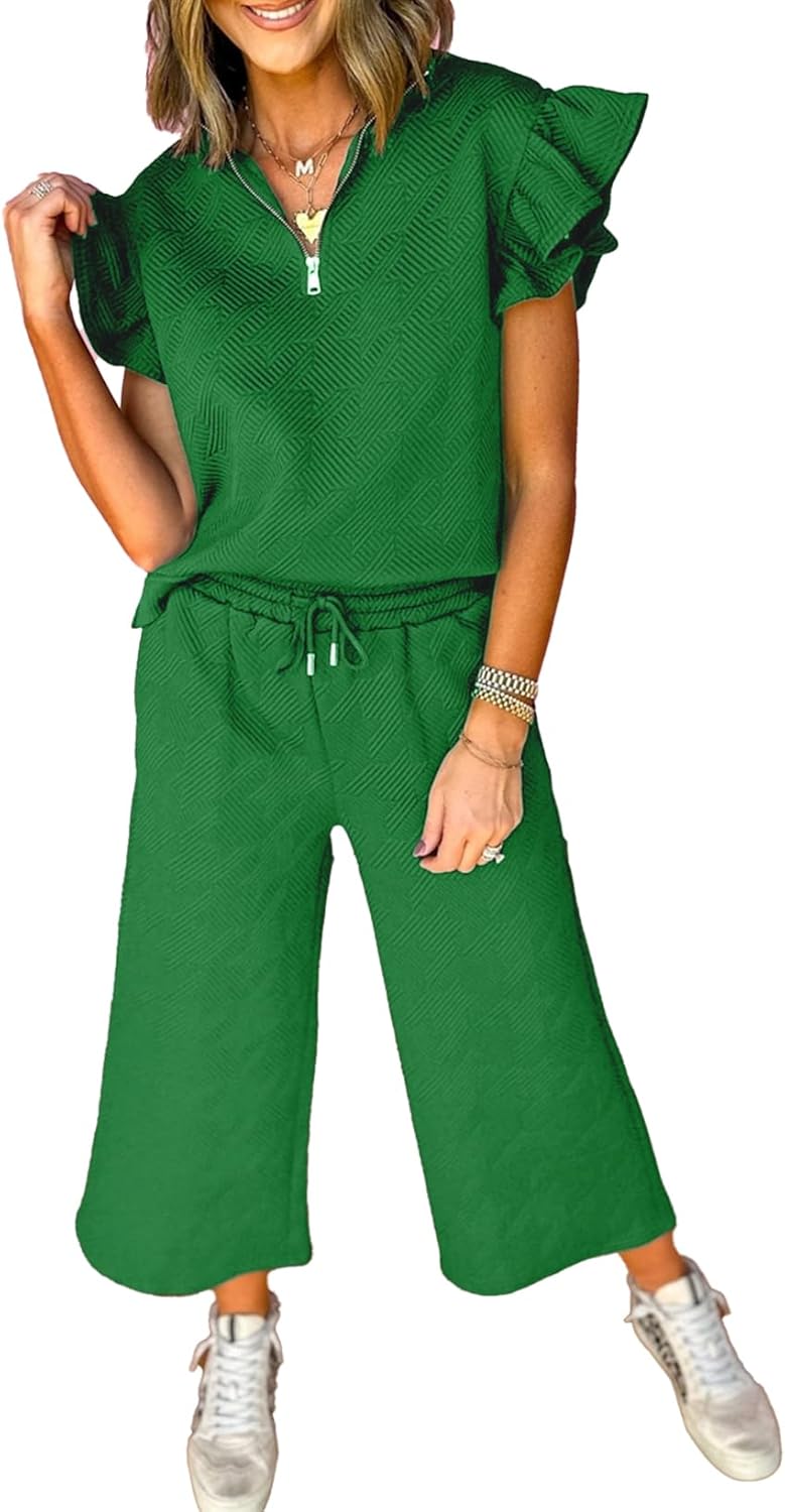 SHEWIN 2 Piece Sets Outfits for Women with Ruffle Polo Tops