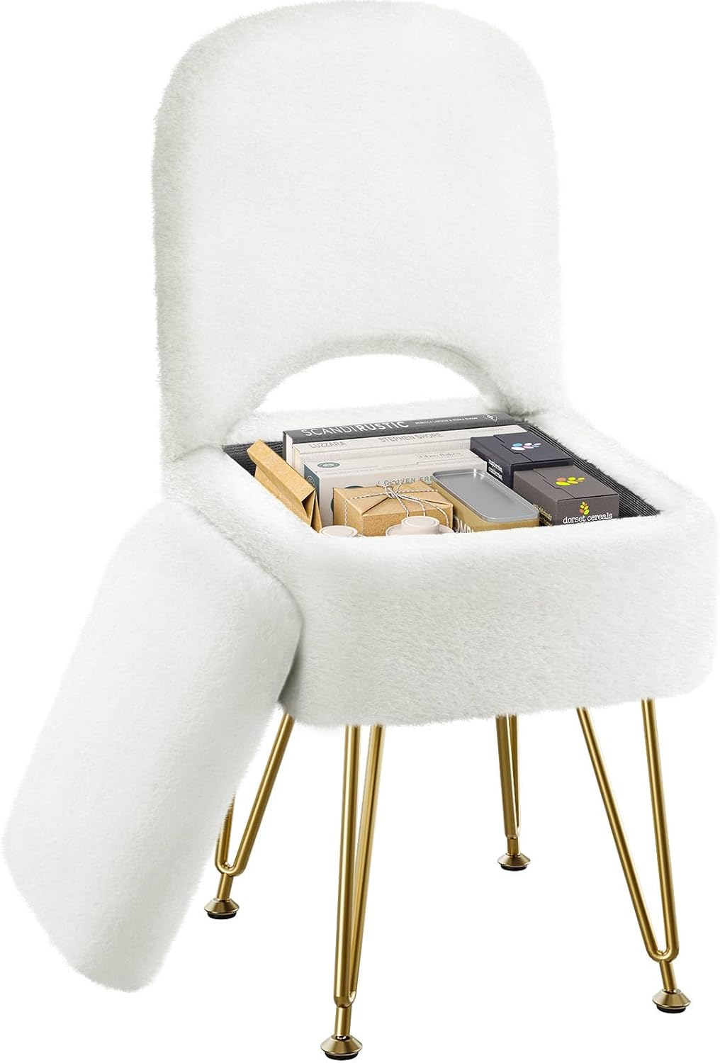 Faux Fur Vanity Stool Chair with Storage and Folding Backrest