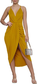 LYANER Boho V Neck Ruched Wrap Slit Hem Midi Dress - Flattering Fit