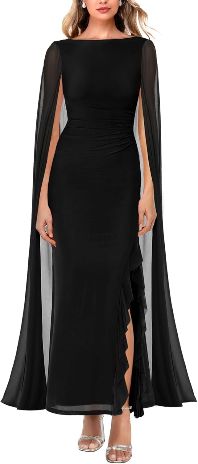 Elegant Long Sleeve High Split Mesh Ruched Maxi Dress for Women