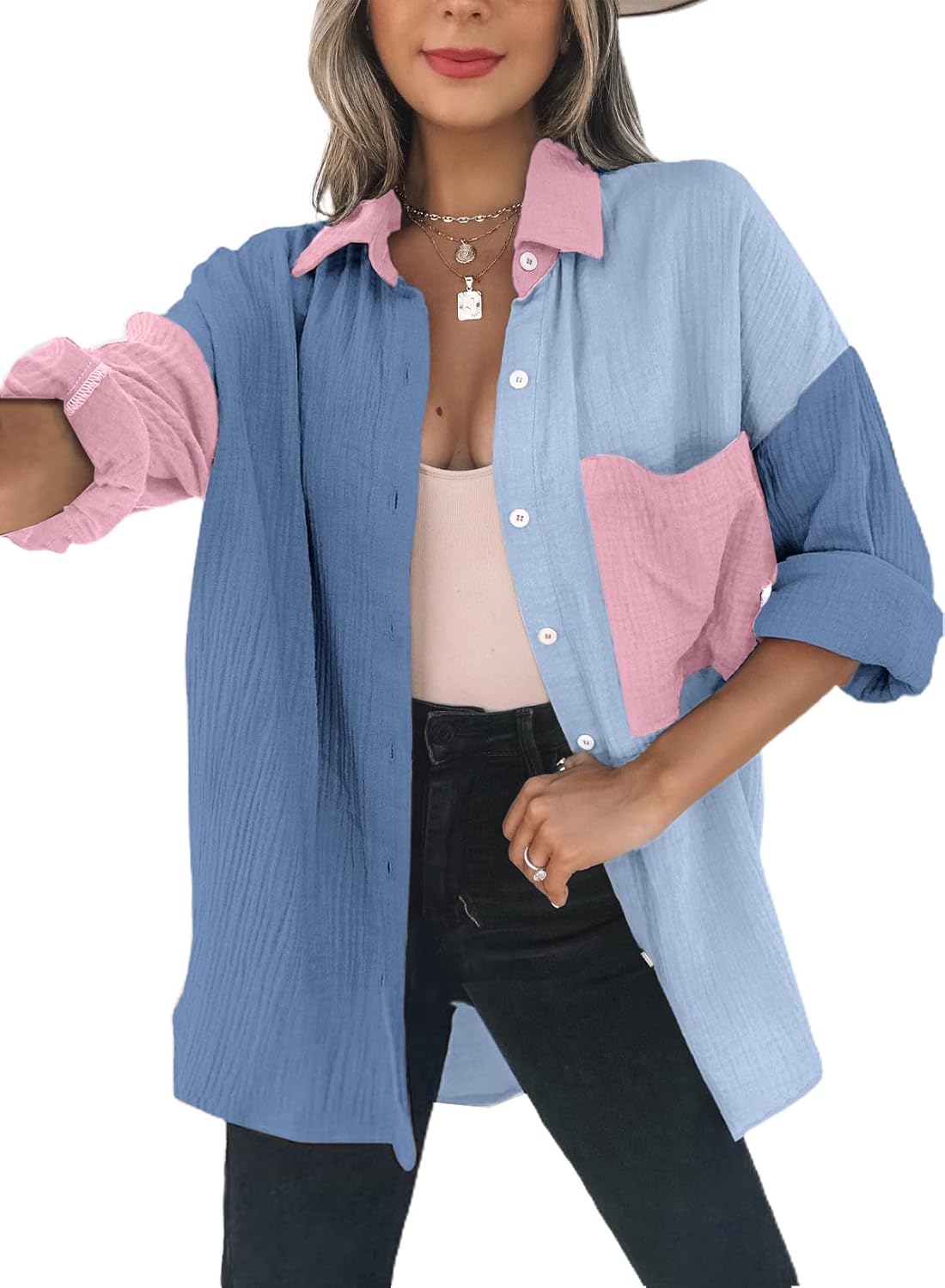 Dokotoo Womens Color Block Button Down Oversized Blouses
