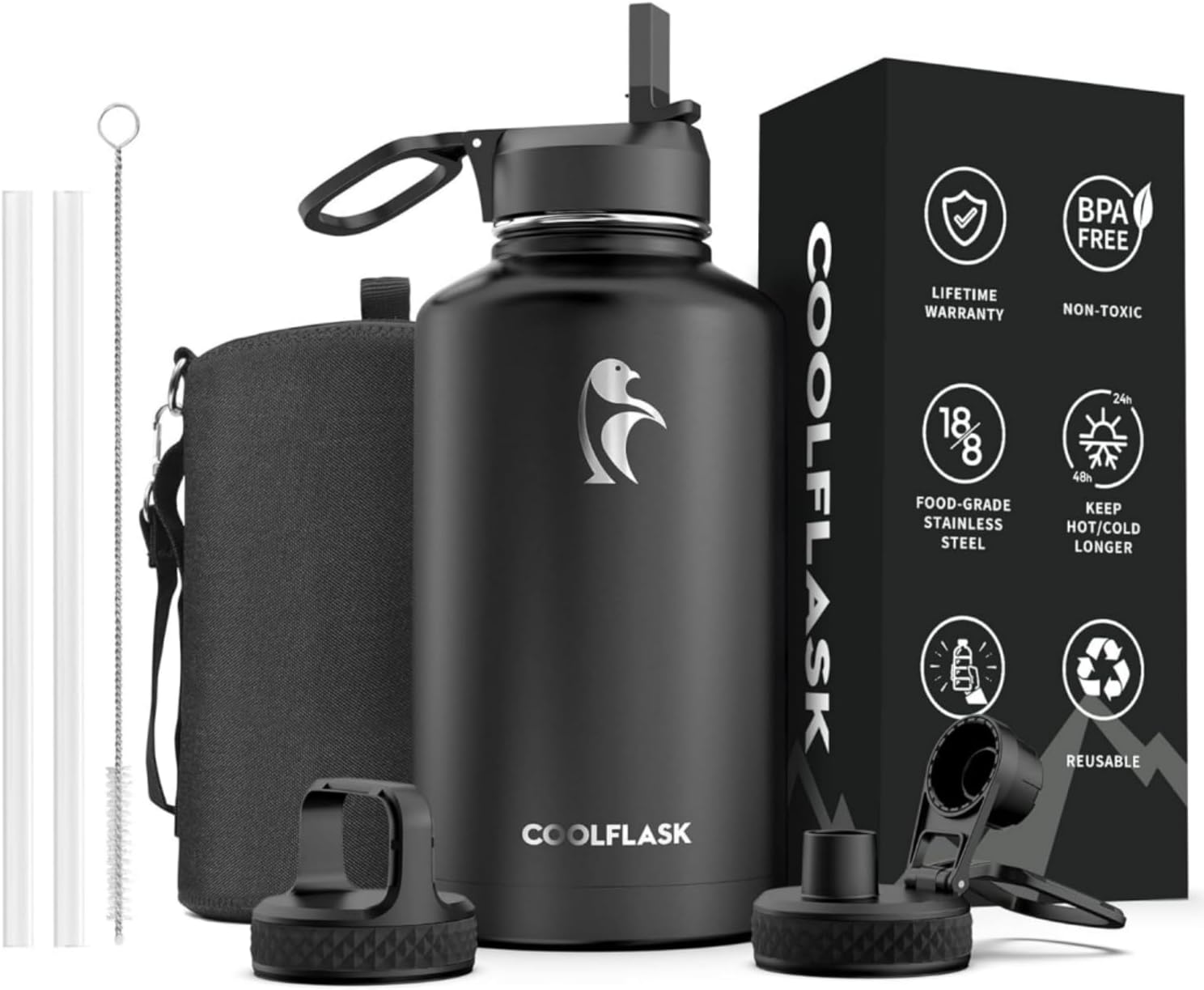 64 oz Insulated Water Bottle with Straw & 3 Lids for Sports