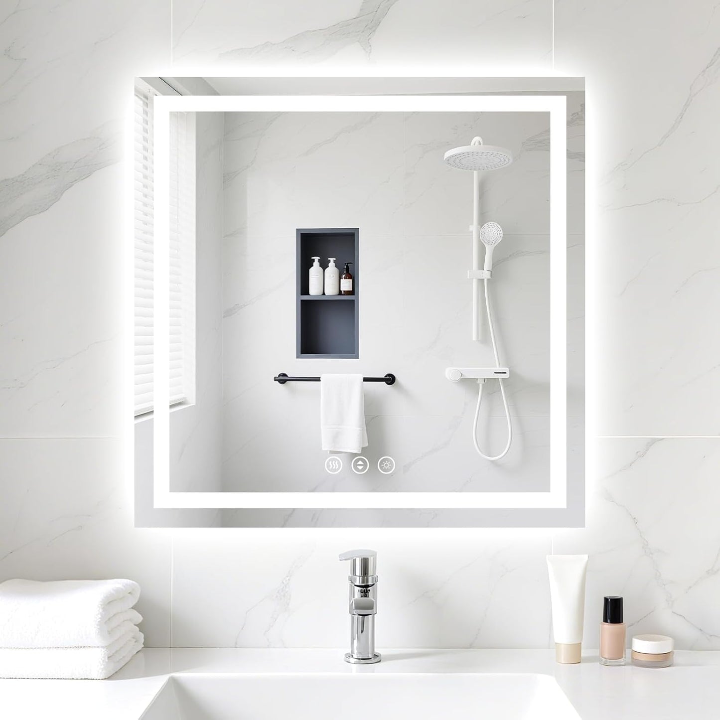 30x30 LED Bathroom Mirror with Lights, Anti-Fog, Dimmable