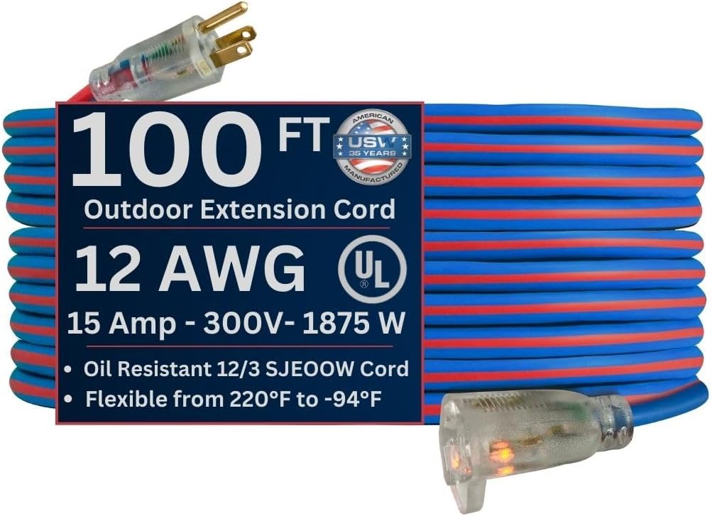 Heavy-Duty 100-Foot Extreme Weather Extension Cord with Lighted Plug