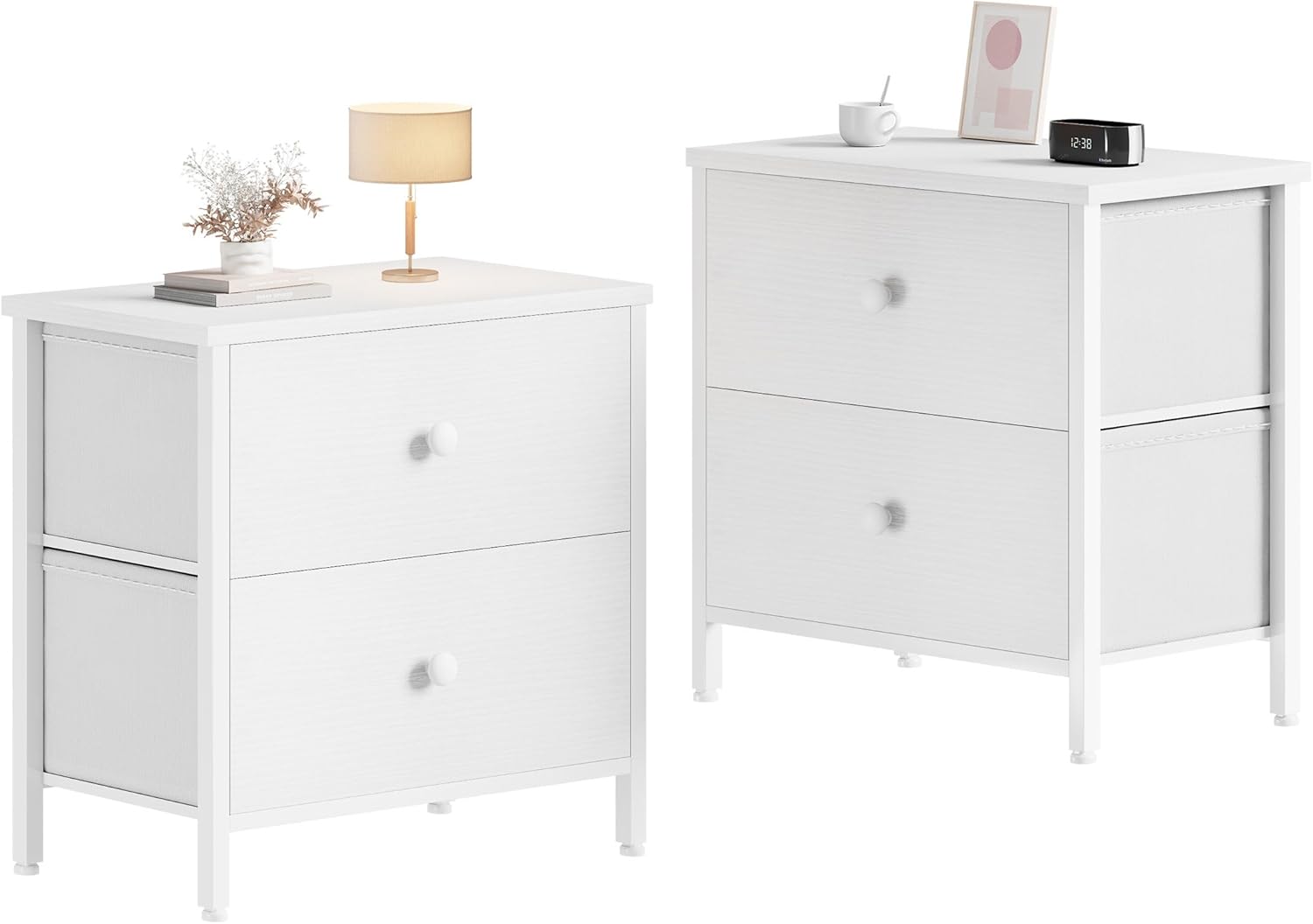 BOLUO White Nightstands Set of 2 with 2 Drawers for Storage