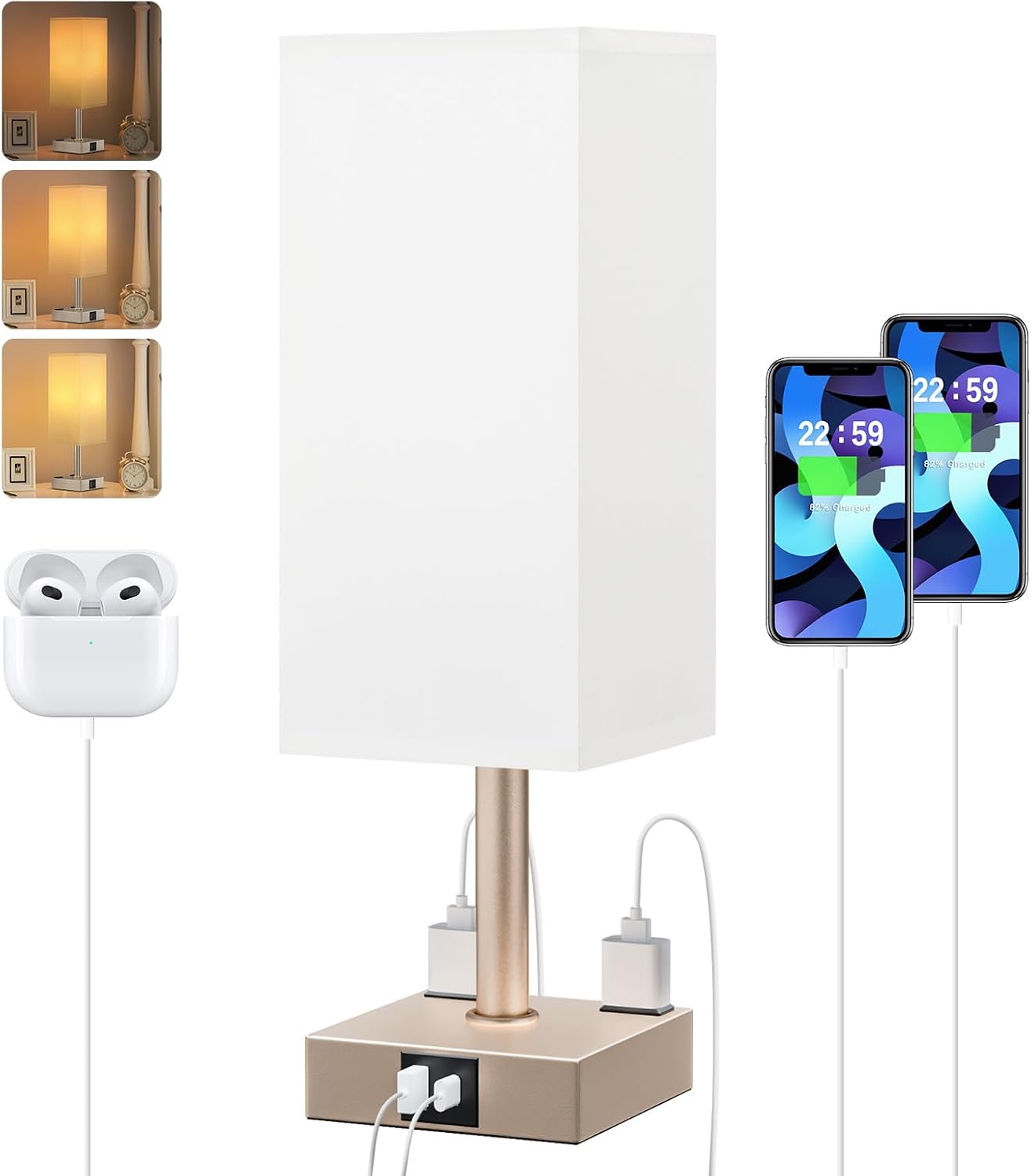 Antique White Touch Table Lamp with USB Ports and AC Outlets