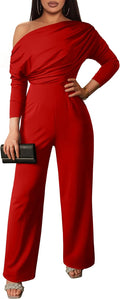 YMDUCH Women's Fall Elegant Off Shoulder Wide Leg Jumpsuit