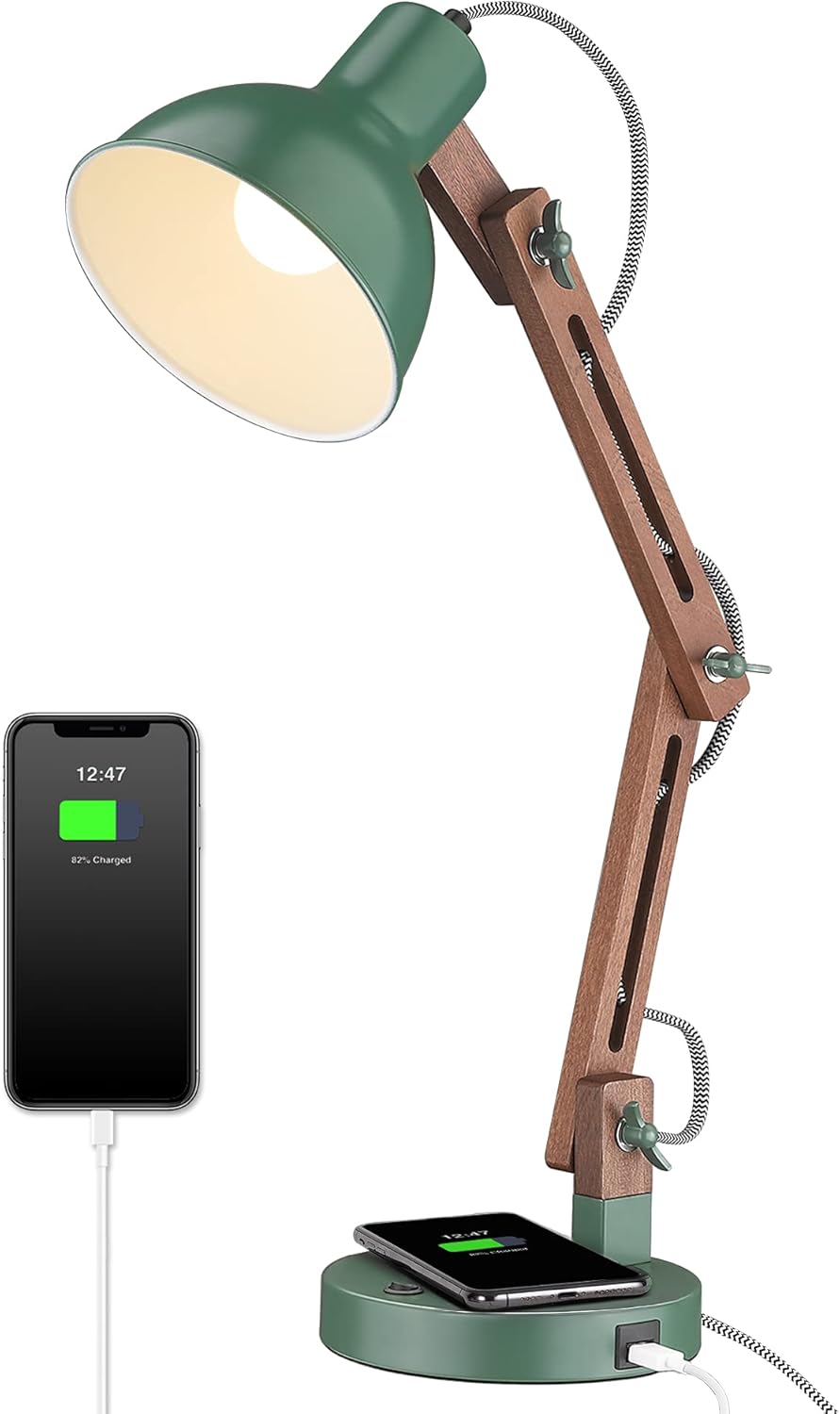 Vintage Green LED Desk Lamp: Wireless Charger & USB C Port