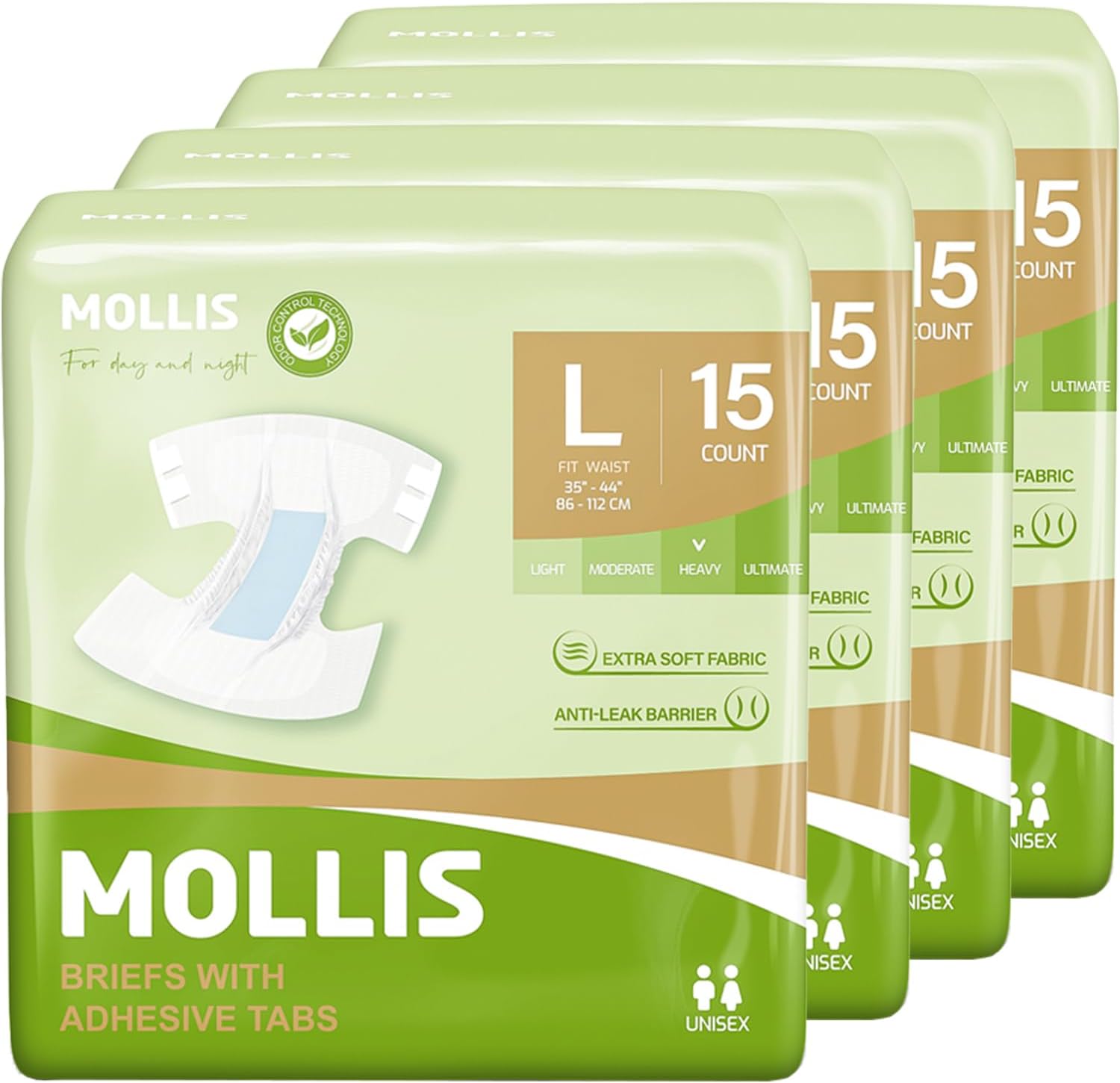 MOLLIS Odor Control Adult Diapers, Large Size, 60 Count