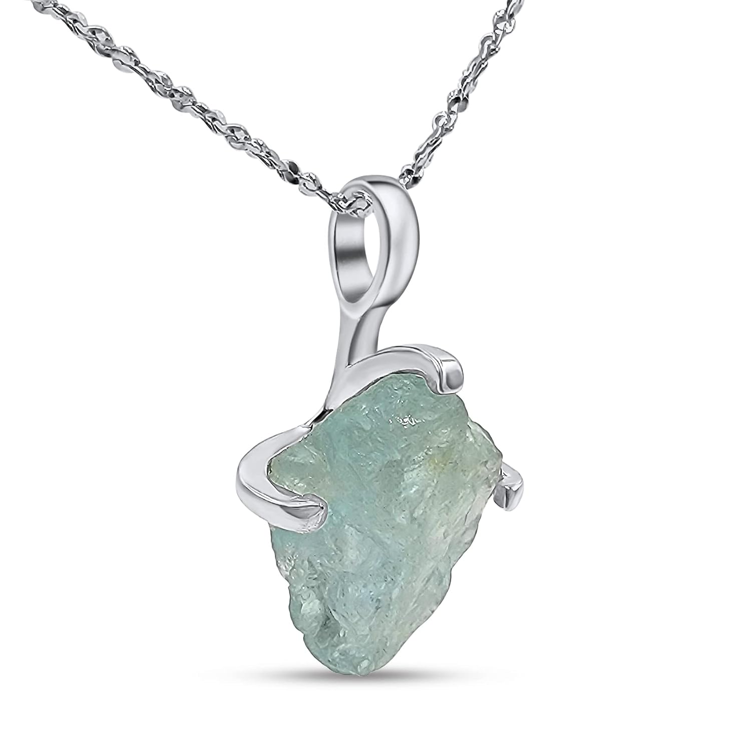 Natural Raw Aquamarine Pendant Chain Necklace in White Gold