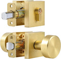 Gold Door Knob and Deadbolt Set - Modern Square Exterior Hardware