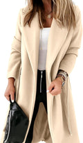 Womens Classic Coat Lapel Collar Open Front Belted Long (Style FY6B)