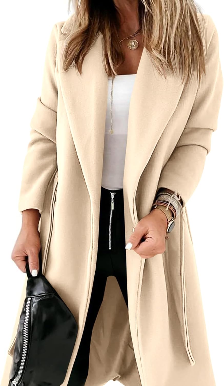 Womens Classic Coat with Lapel Collar and Open Front Design