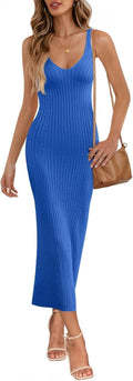 MEROKEETY V Neck Knit Midi Bodycon Dress - Flattering Summer Staple