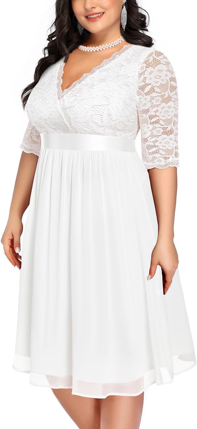 Plus Size Lace Chiffon Wrap V Neck Midi Dress for Women