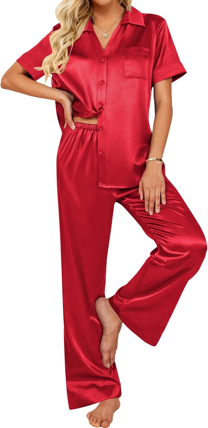 Ekouaer Silk Pajamas Set for Women - Soft Satin Pjs with Pockets