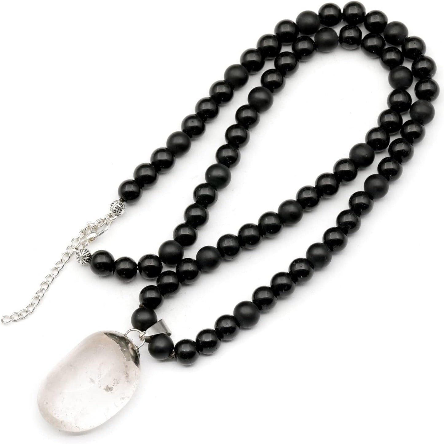 Natural Raw Tourmaline Pendant and Black Onyx Beaded Necklace