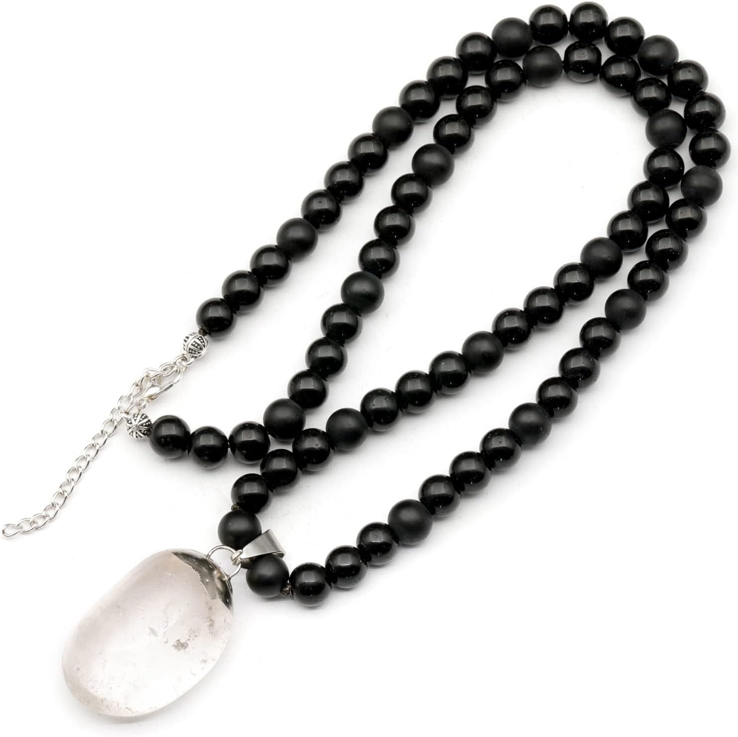 Natural Raw Tourmaline Pendant and Black Onyx Beaded Necklace