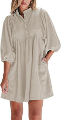 Womens Corduroy Button Up Mini Babydoll Dress - Casual Fall Style