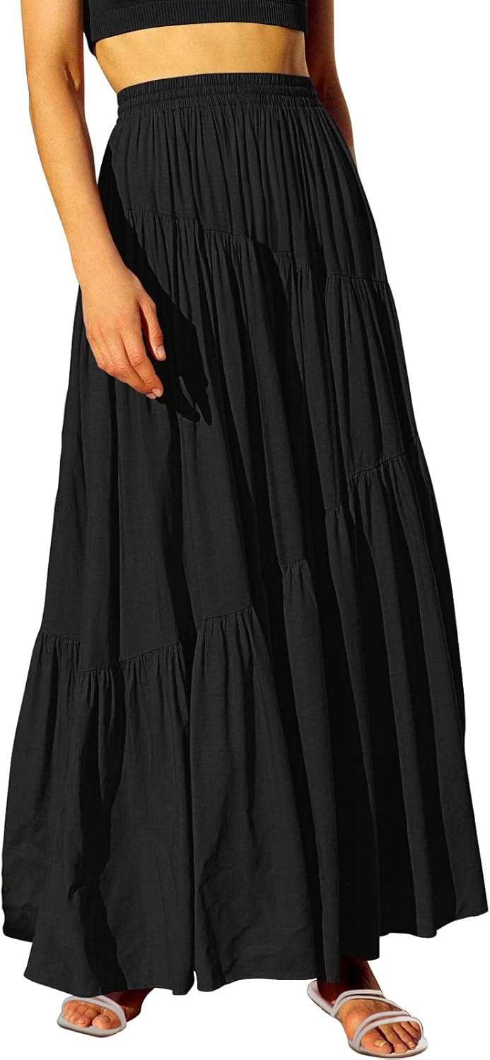 Boho Elastic High Waist Pleated A-Line Maxi Skirt Dress