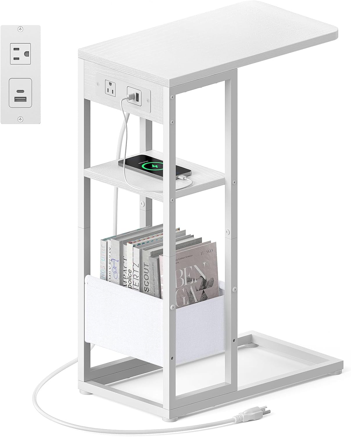 C Shaped End Table with Charging Station for Small Spaces