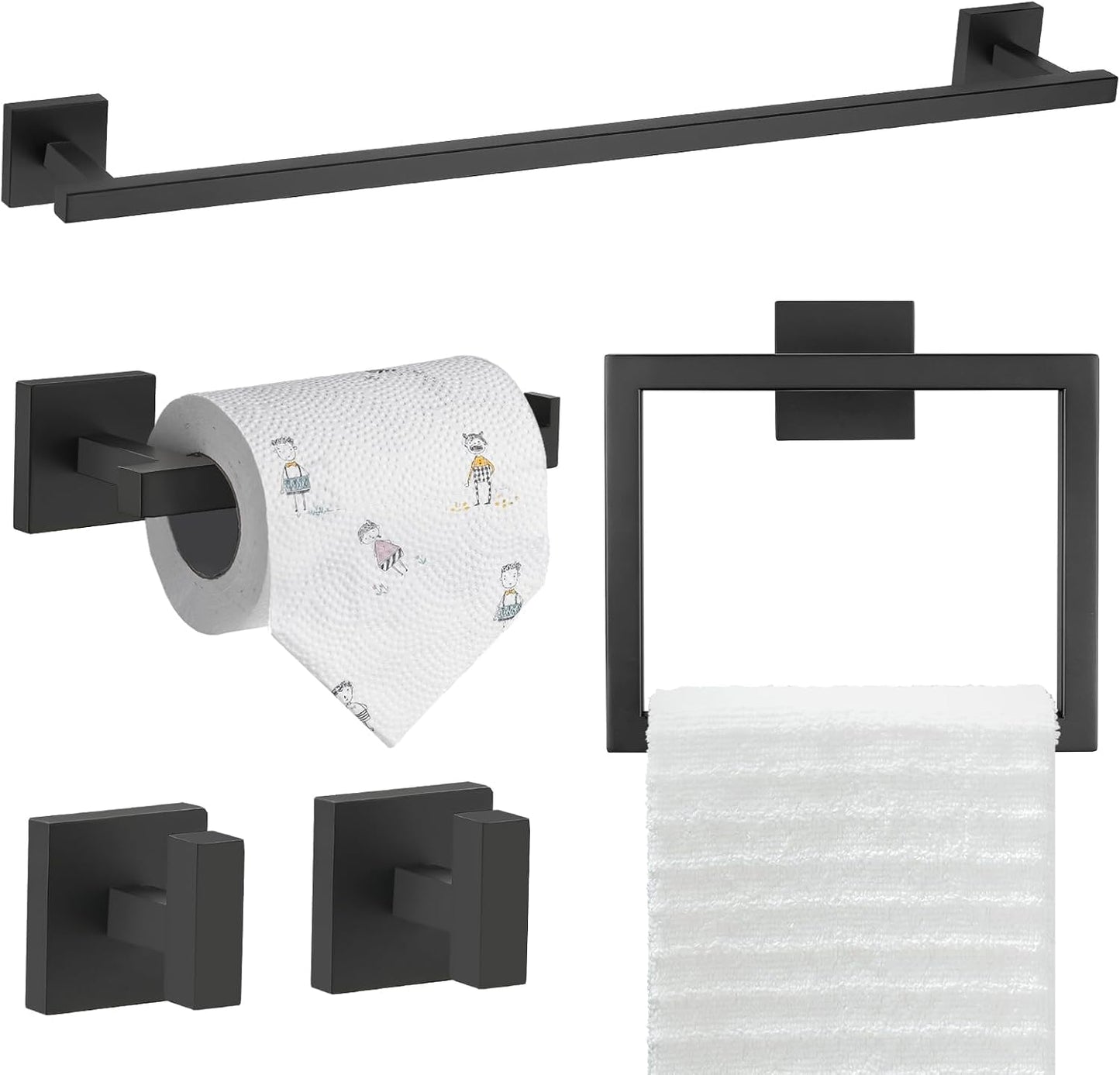 TQKAG 5-Piece Matte Black Bathroom Hardware Set for Modern Homes