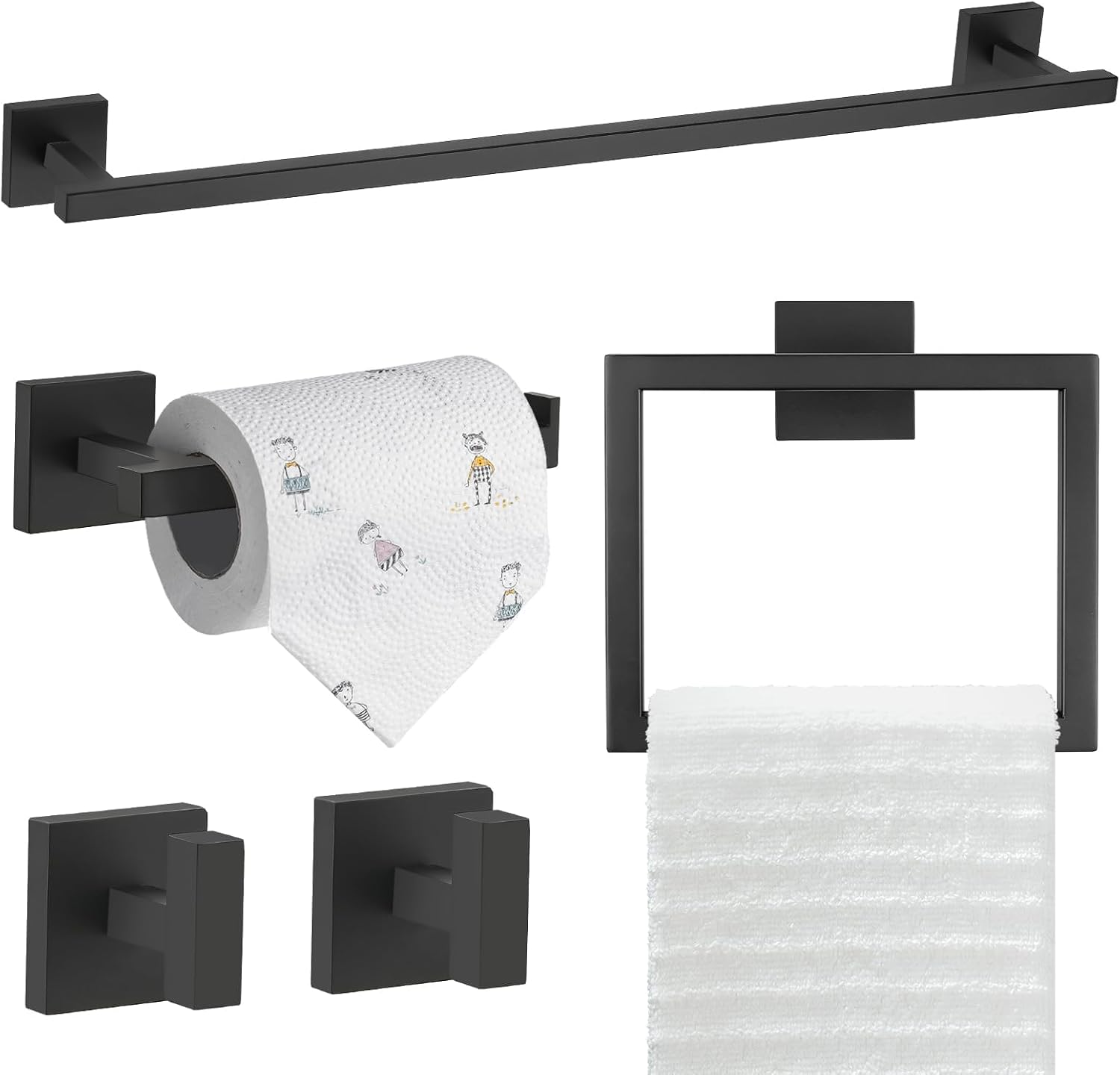 TQKAG 5-Piece Matte Black Bathroom Hardware Set for Modern Homes