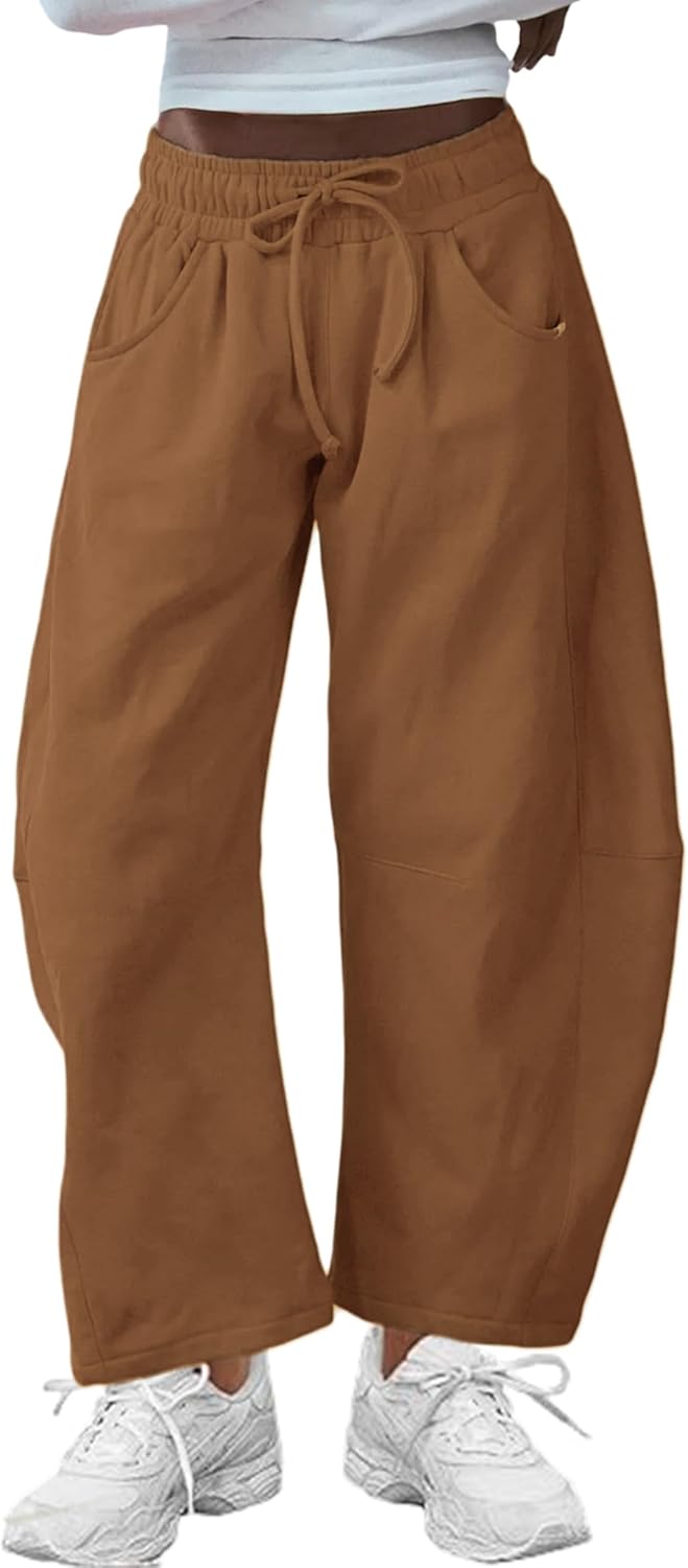 Hongsui Women's Barrel Leg Pants with Elasticated Waistband