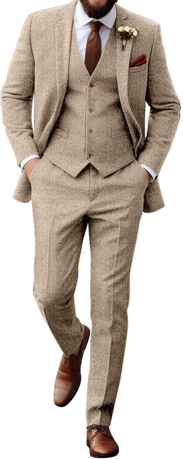 Retro Tweed Herringbone Suit for Men Slim Fit 3 Pieces Set