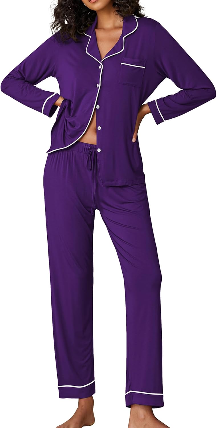Ekouaer Pajamas Women's Long Sleeve Sleepwear Soft Button Down Set