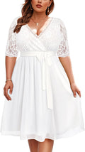 Plus Size Lace Chiffon Wrap V Neck Dress for Women - White Midi