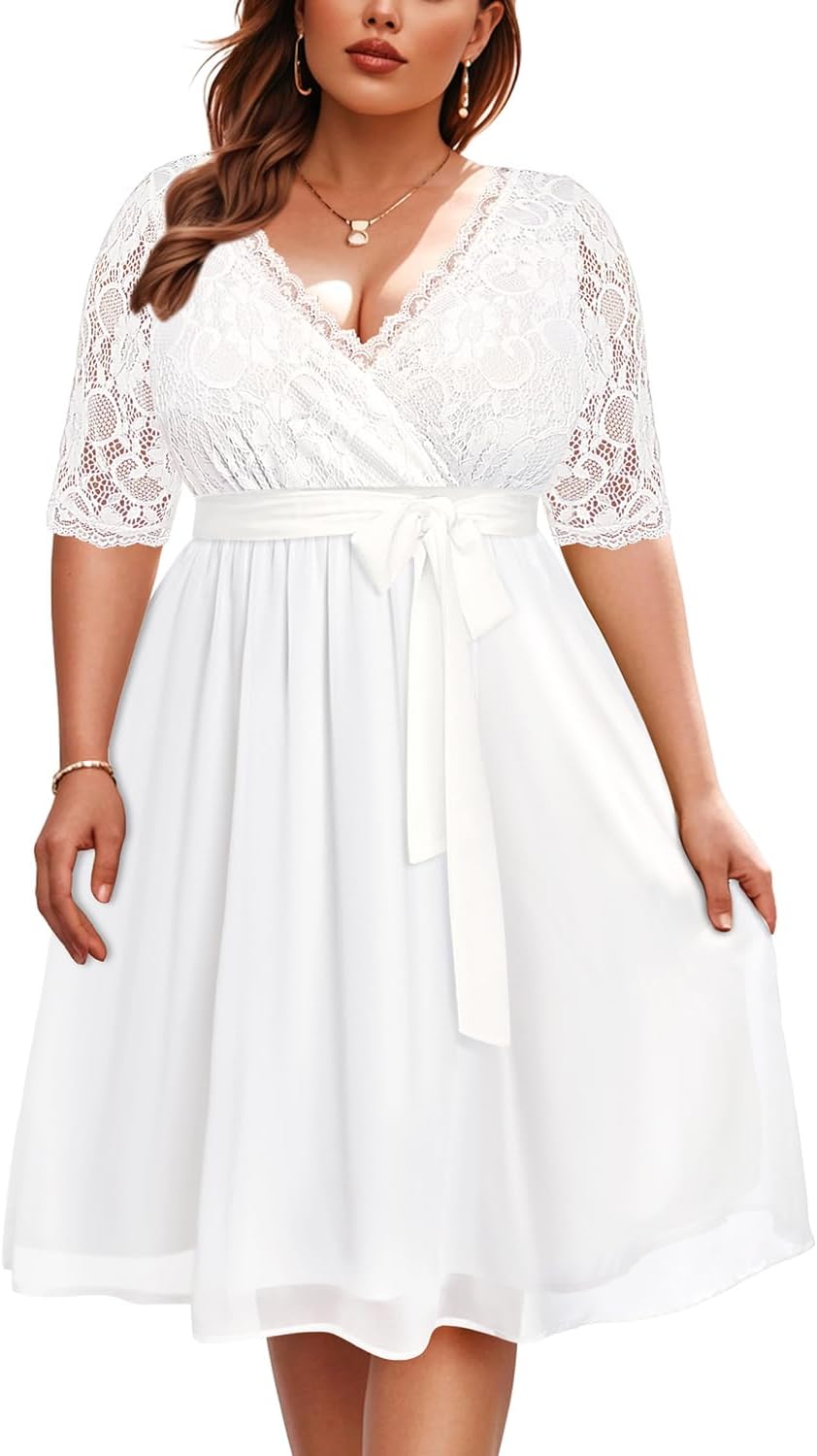 Plus Size Lace Chiffon Wrap V Neck Midi Dress for Women