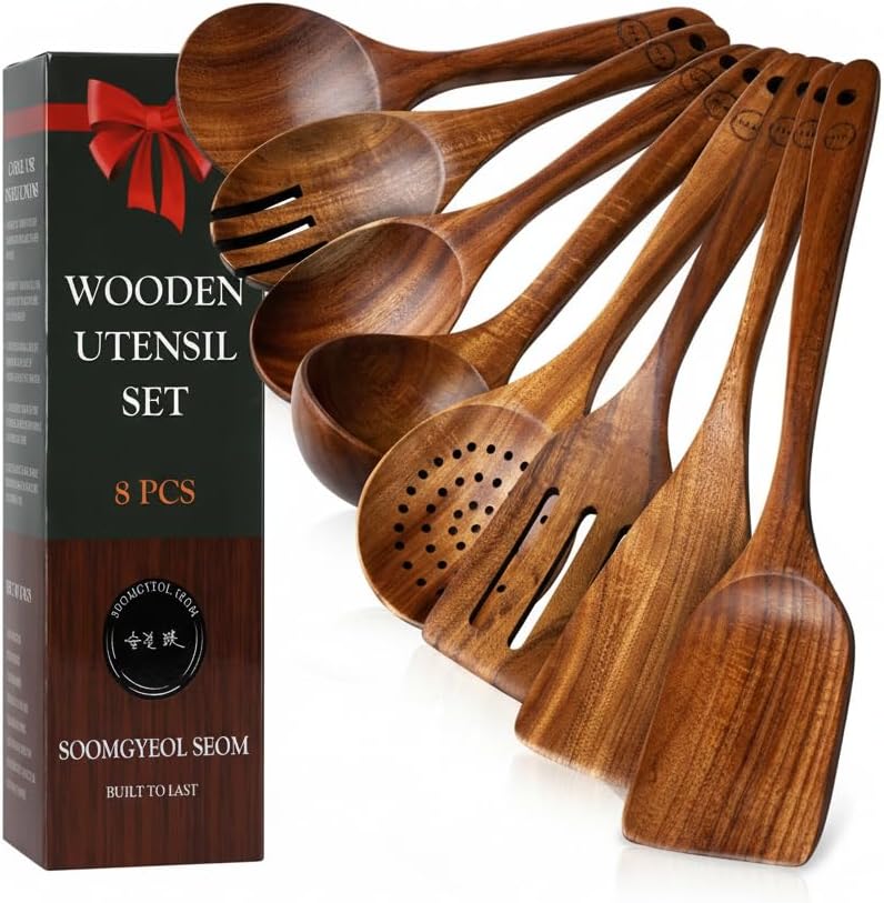 100% Natural Teak Wood Utensil Set for Eco-Friendly Cooking