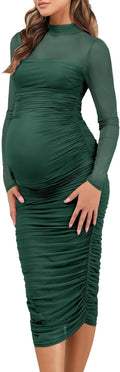 Maternity Mesh Bodycon Dress for Wedding Guest - Elegant Ruched Midi
