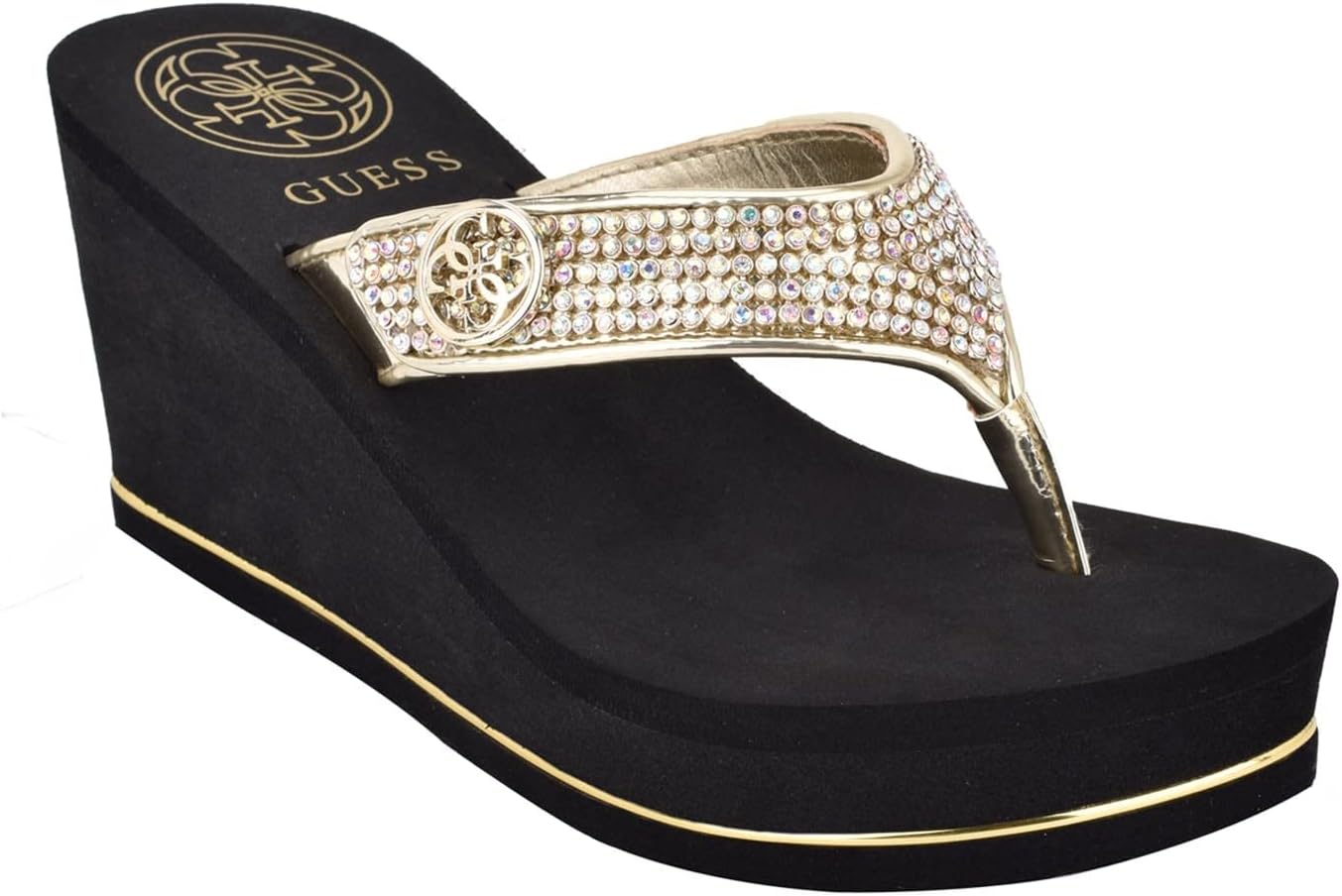 GUESS womens Sarraly: Glamorous Mixed-Material Wedge Sandals
