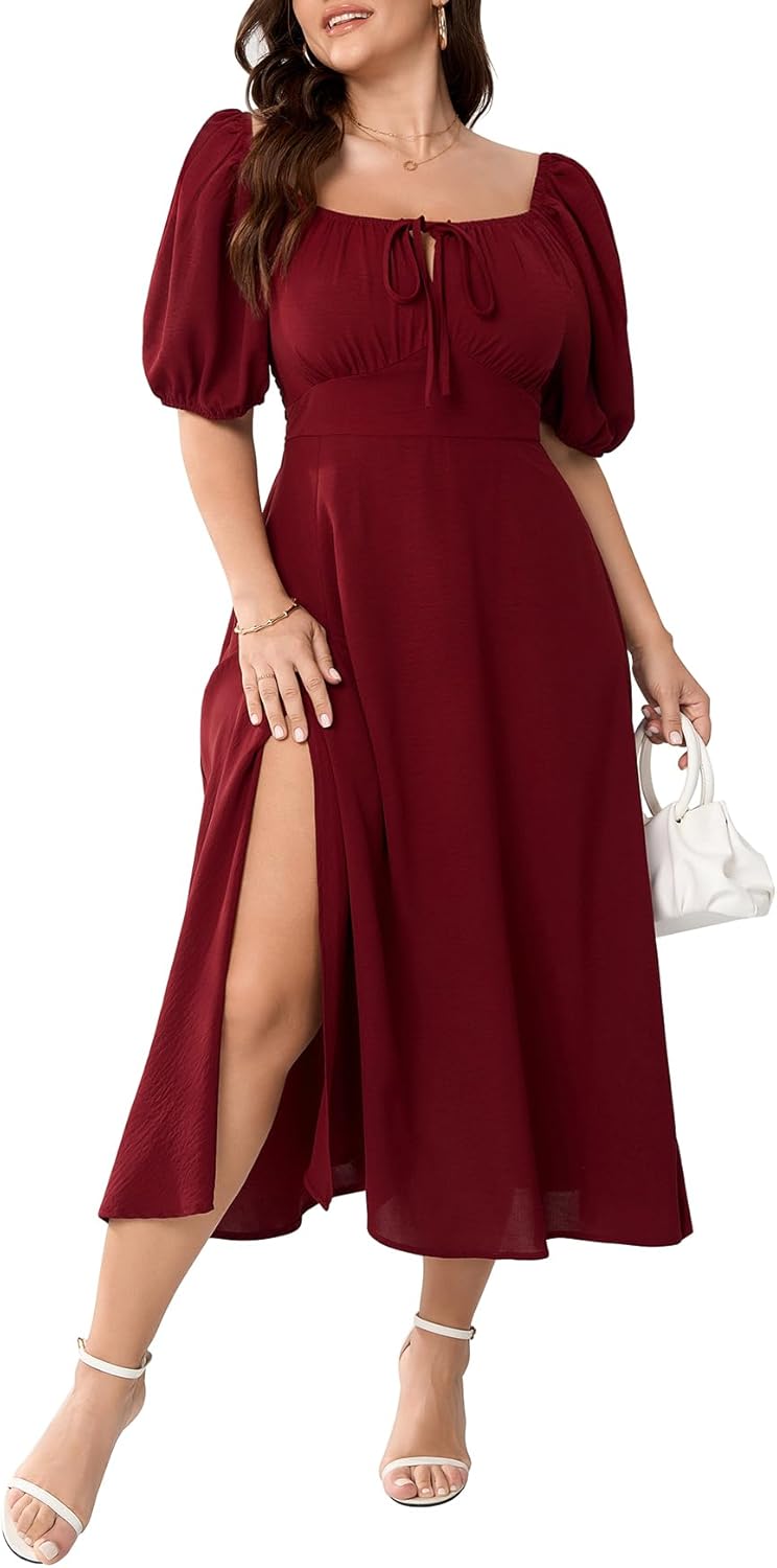 Plus Size Summer Dress Short Sleeve Square Neck A-Line Maxi