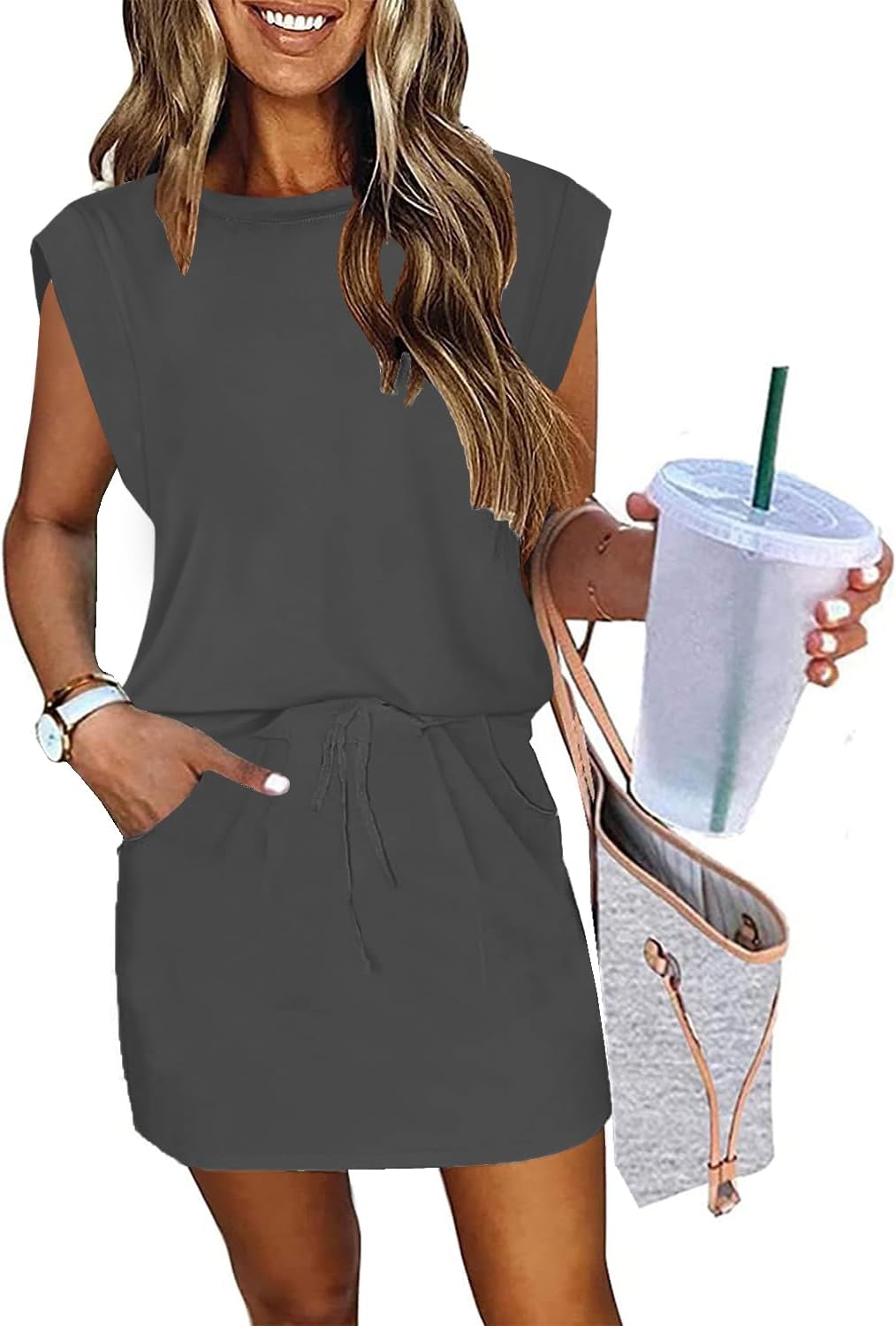 ETCYY NEW Womens Cap Sleeve Summer Dress with Tie Front Design